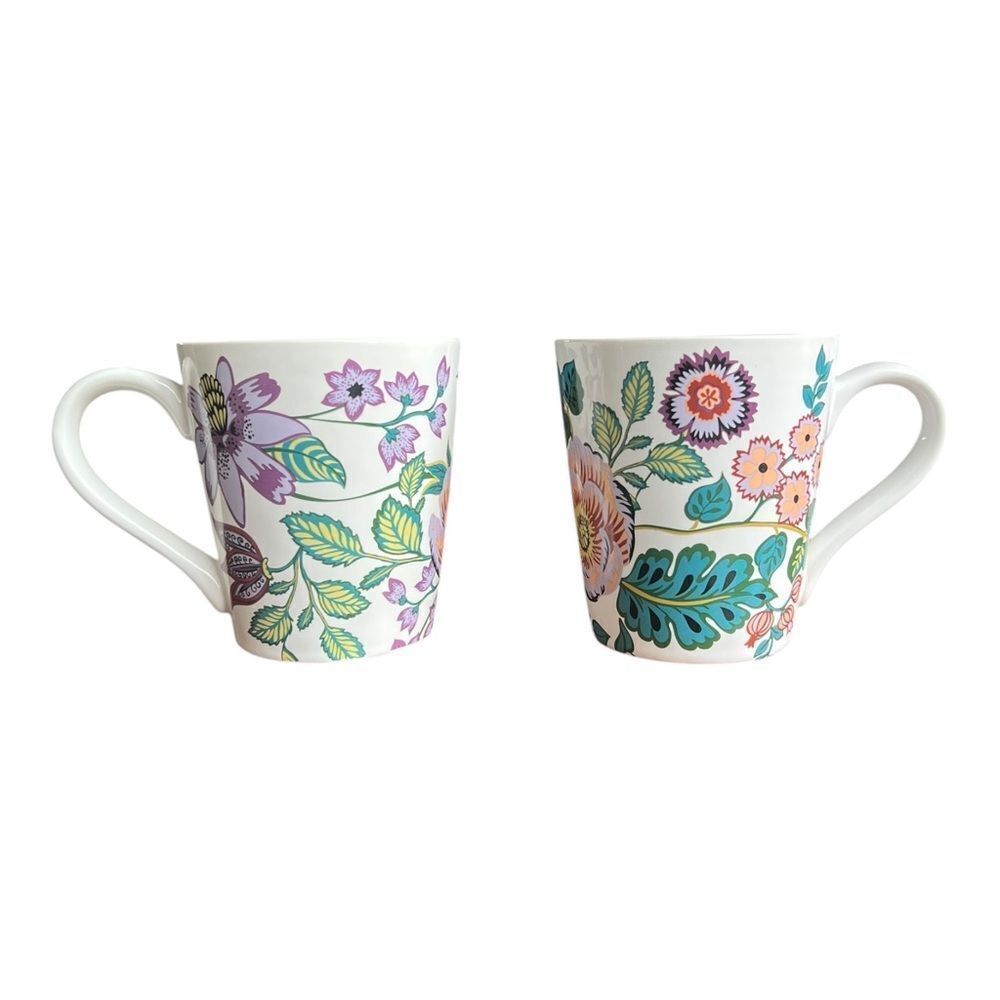 Vera Bradley Set of 2 Floral Vines Ceramic 12oz White Coffee Cups Mugs